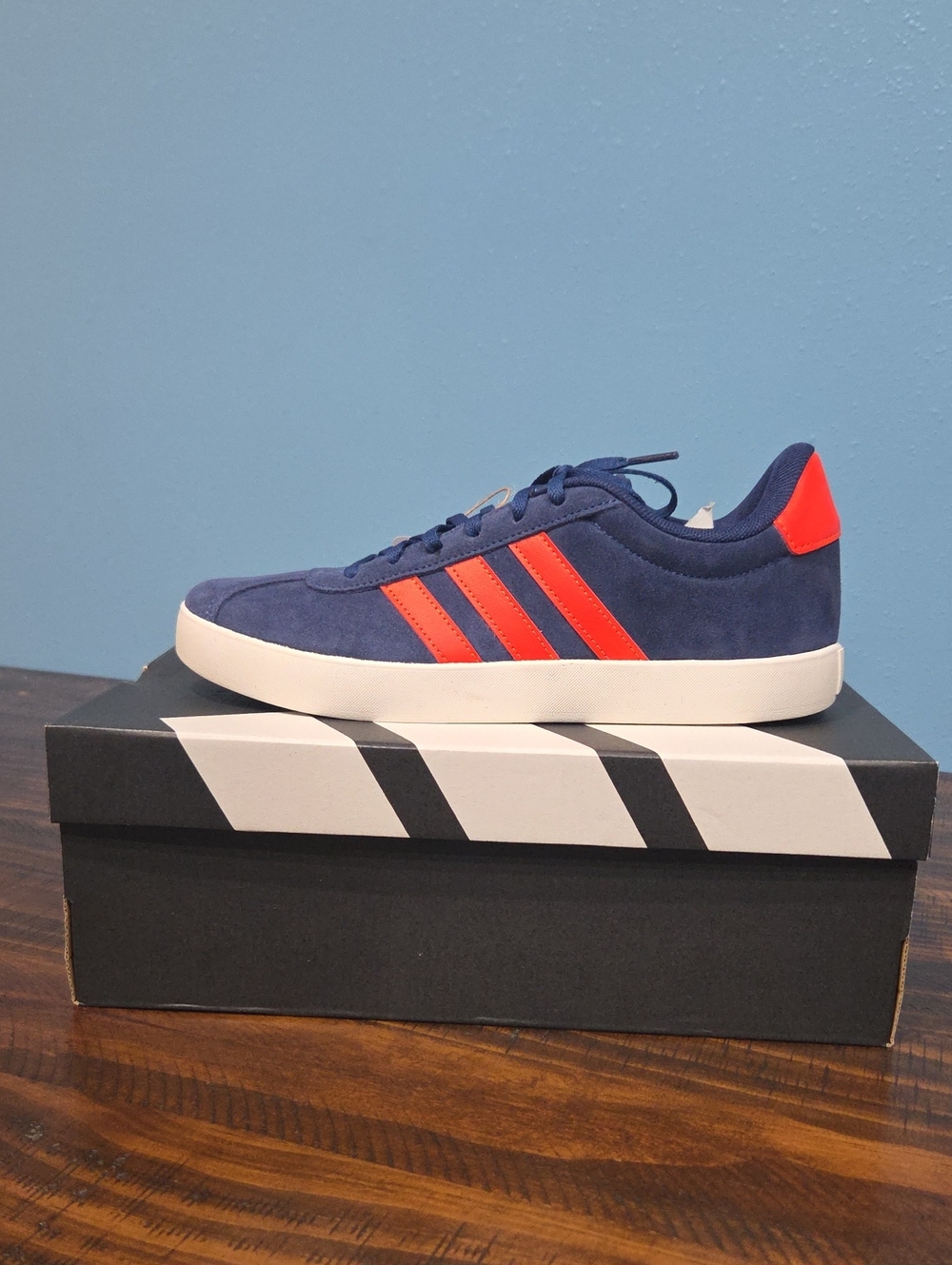 Big Kids Adidas Navy Suede Sneakers with Orange Stripes